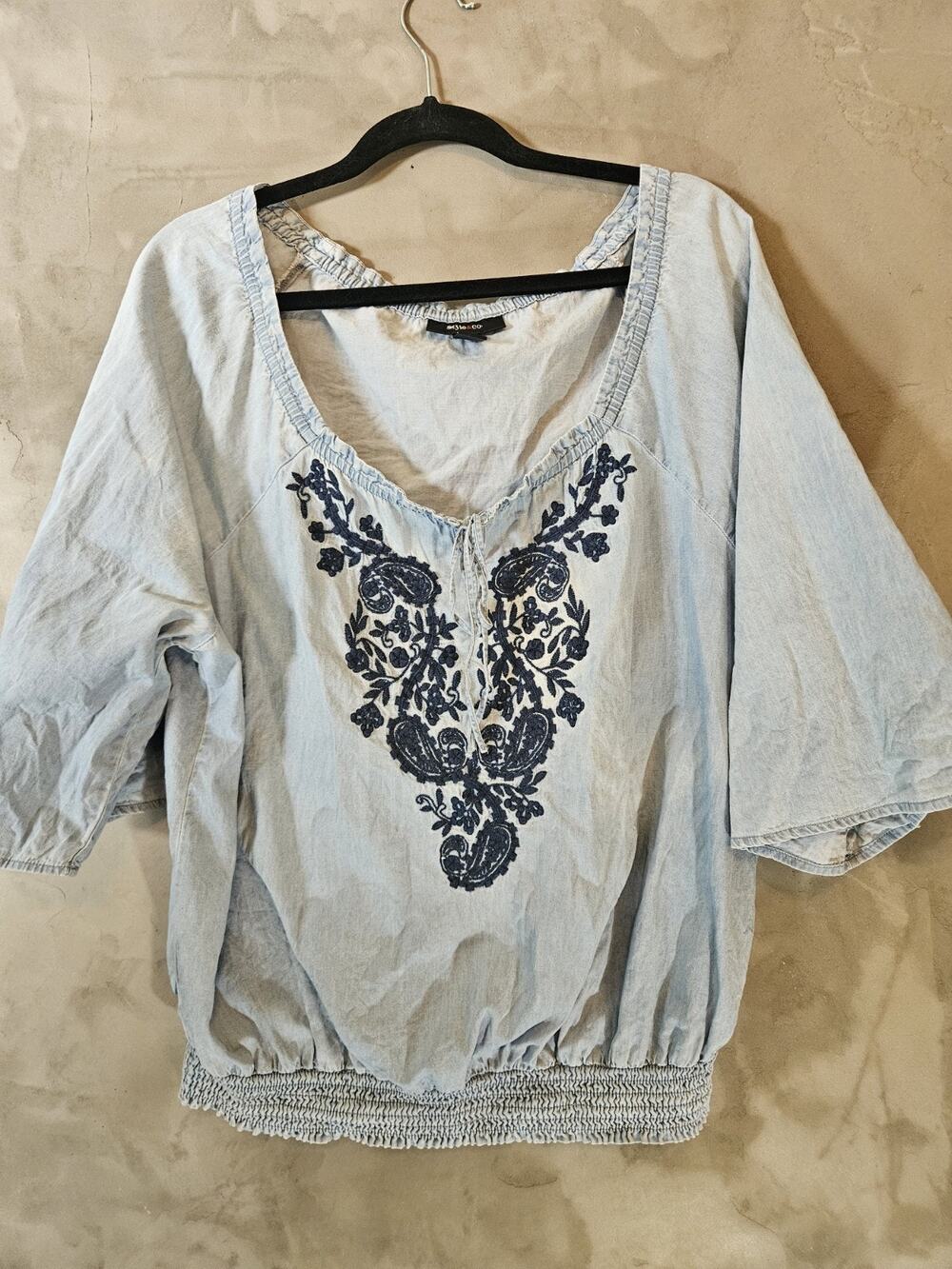 Style & Co. sz XL Blue Cotton Denim Embroidered 3/4 Sleeve Peasant Blouse